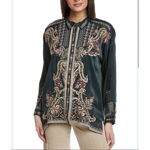 Johnny Was Biya Tandit Blouse Small Spruce Green Embroidered Button Front Boho